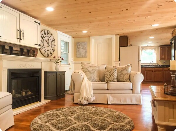 Smart TV, fireplace, DVD player, books