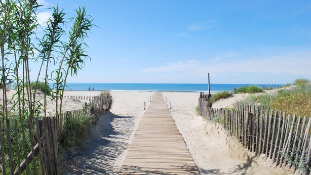 A wooden boardwalk leading to a beach with bamboo fences on either side.