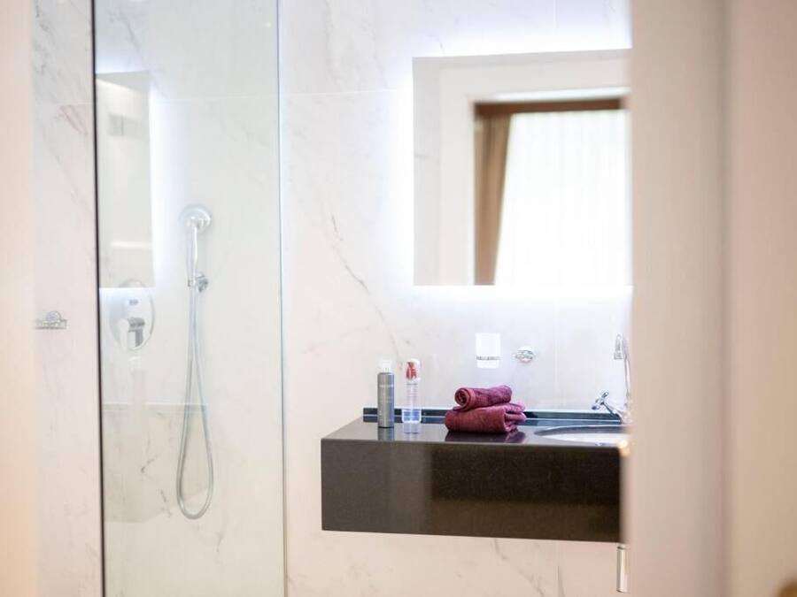 A modern bathroom with a glass-enclosed shower, a dark countertop sink, and a mirror above it.