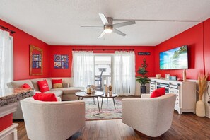Smart TV, fireplace, books