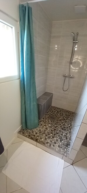 Douche, sèche-cheveux, serviettes fournies, papier toilette