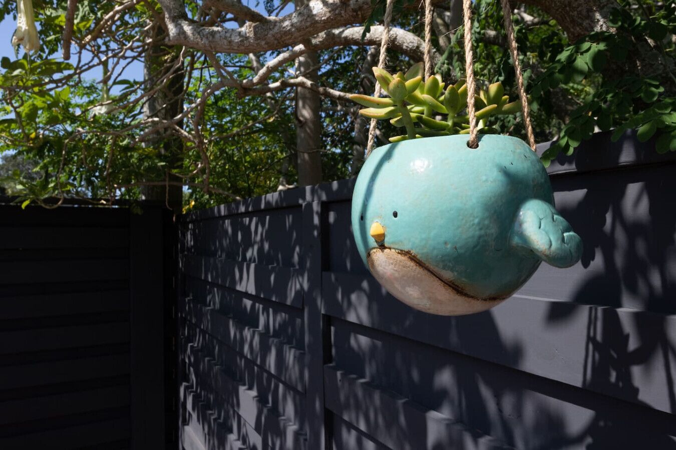 A hanging birdhouse with a blue and white color scheme, attached to a tree branch.