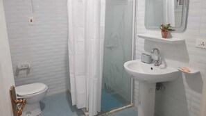 Un bagno con il water, una doccia con tenda, un lavandino con uno specchio e una piccola pianta sul lavandino.