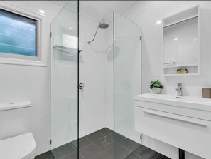 Douche, séchoir à cheveux, serviettes fournies, savon