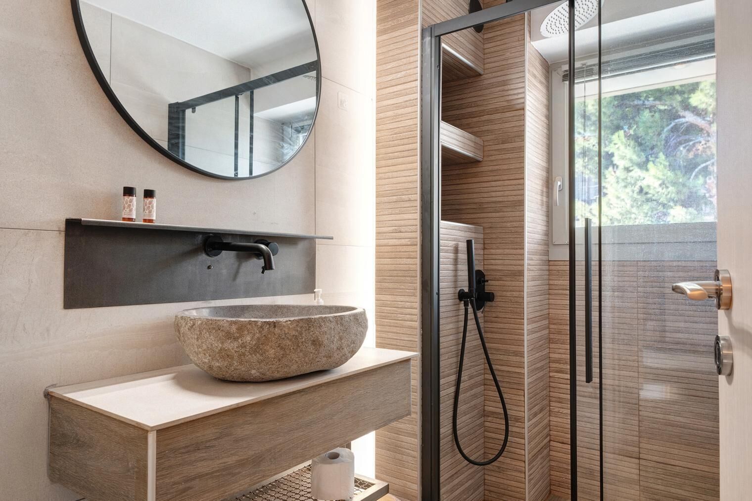 Shower, towels, soap, shampoo