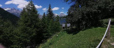 A mountainous landscape with dense forests and a clear sky.