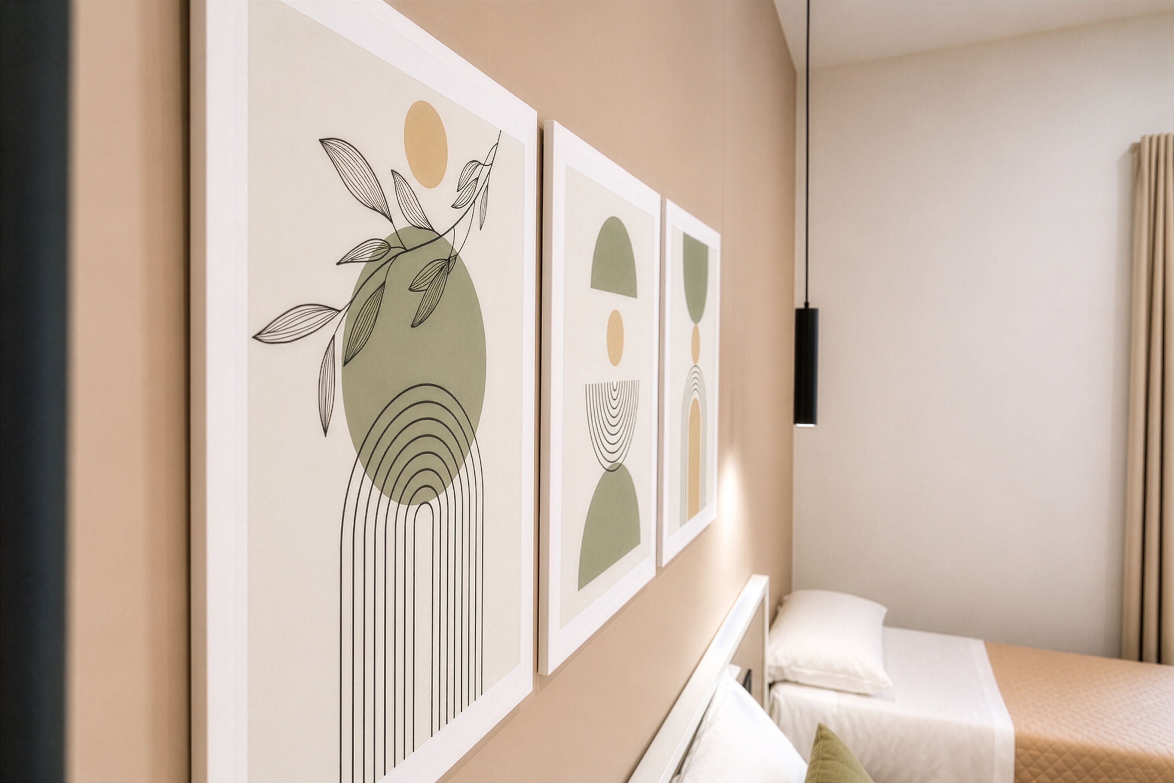 Een hotelkamer met een bed, een nachtkastje en drie ingelijste kunstwerken aan de muur.