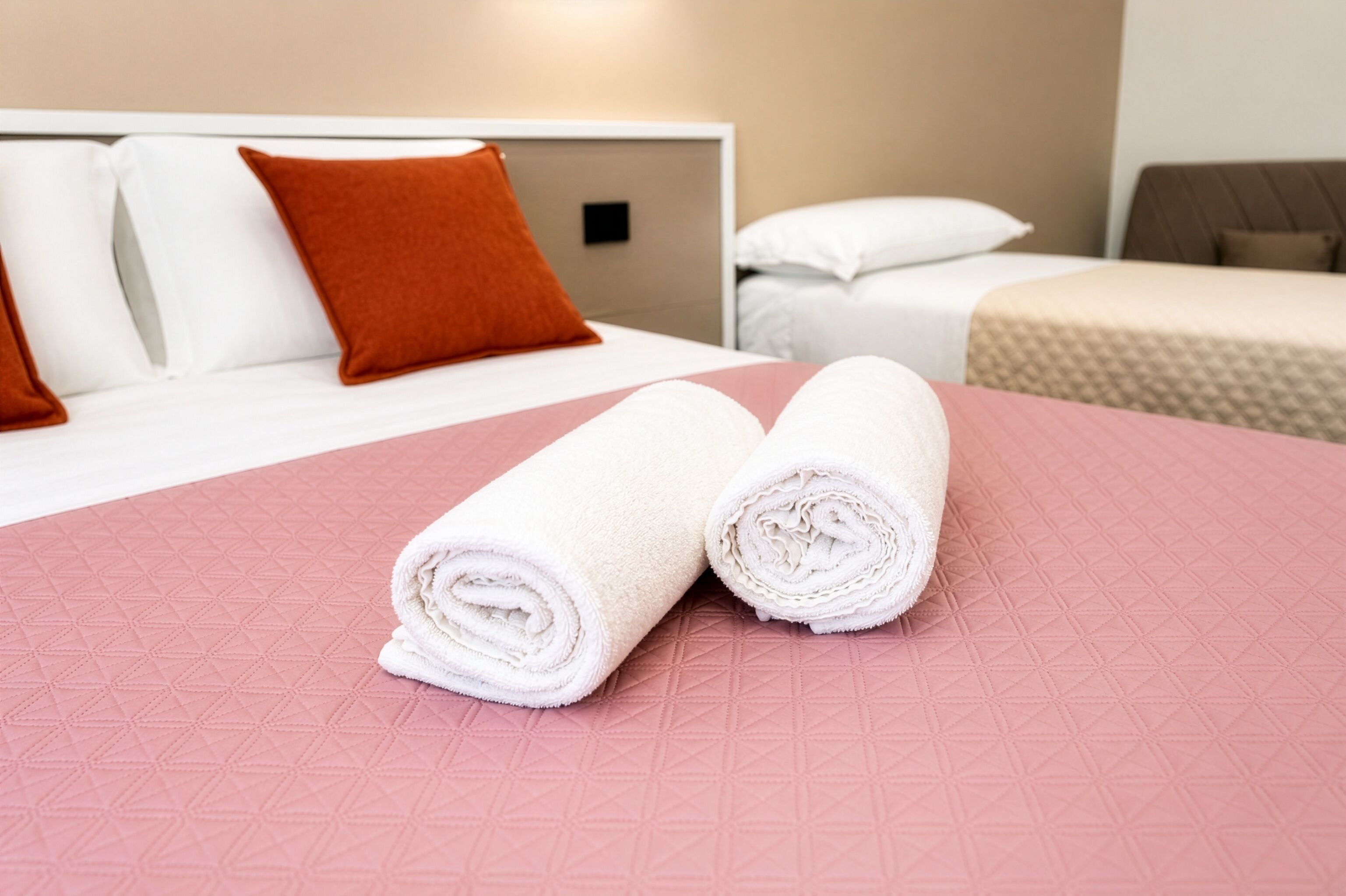 A hotel room with a bed, two pillows, a rolled white towel, and a pink quilted bedspread.