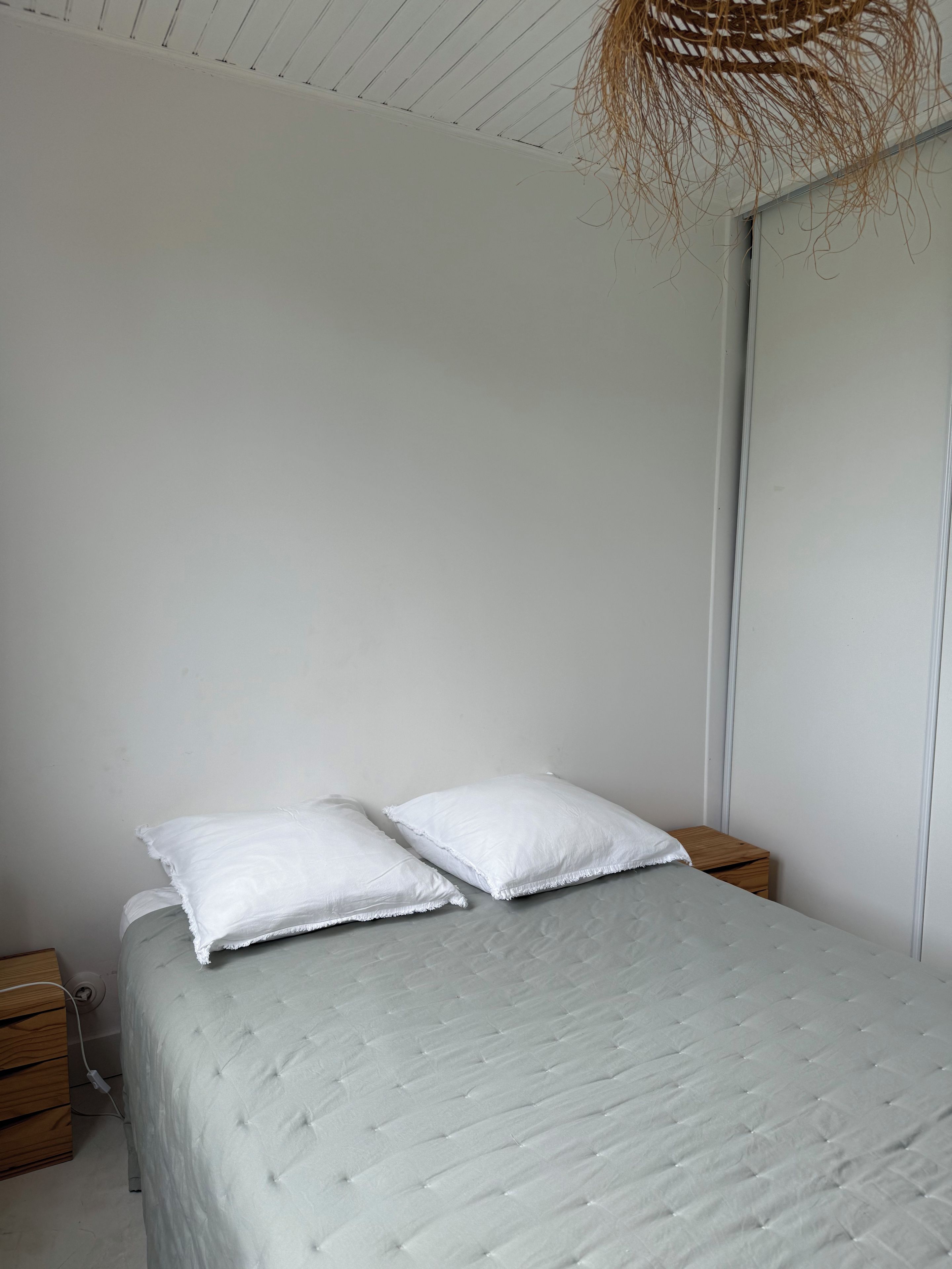 A bedroom with a bed, two pillows, a bedside table, a nightstand, and a hanging light fixture.