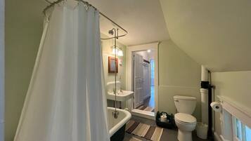 Shower, hair dryer, towels, toilet paper