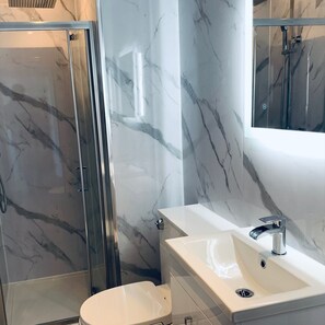 Chuveiro, secador de cabelo, toalhas de banho, sabonete