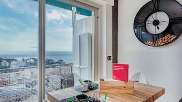 Apartment, Balcony, Sea View | Private kitchen | Full-size fridge, microwave, oven, stovetop