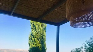 An outdoor dining area with a pool, a tall tree, and a mountain view.