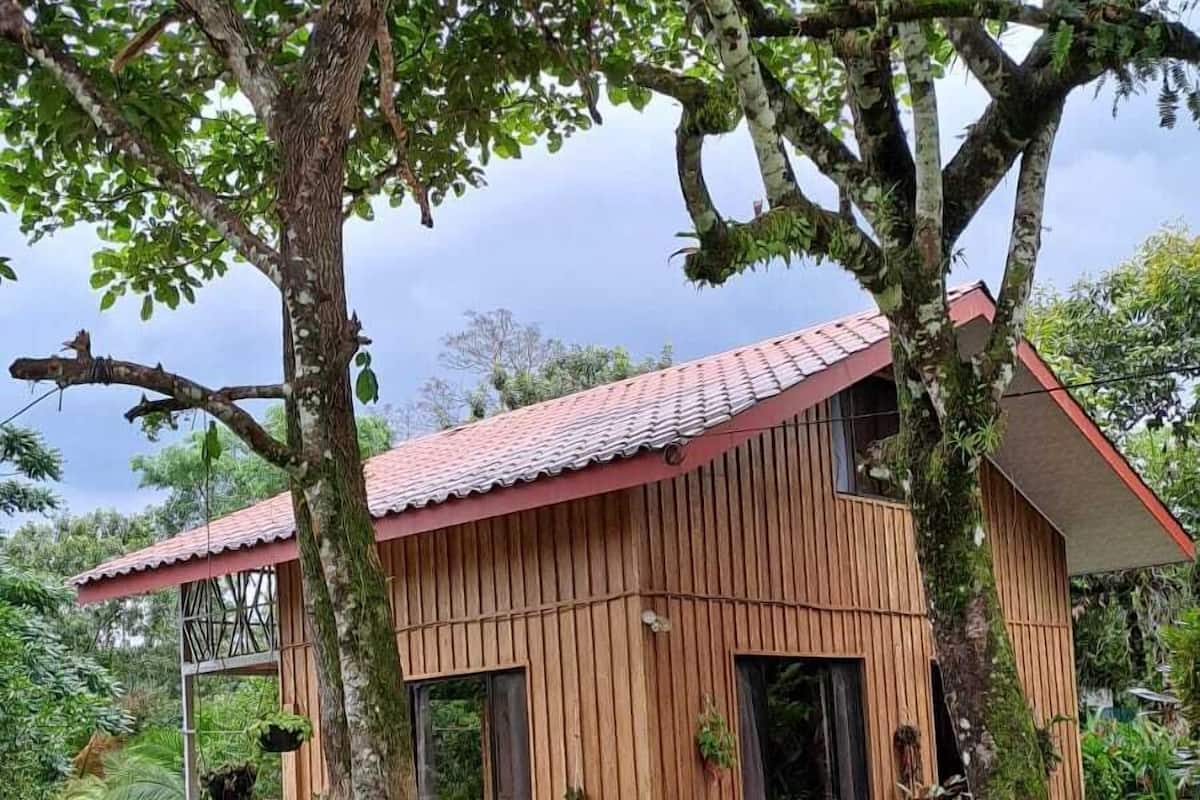 Une maison moderne à deux étages, avec un toit recouvert de tuiles rouges, un revêtement en bois et une véranda couverte.