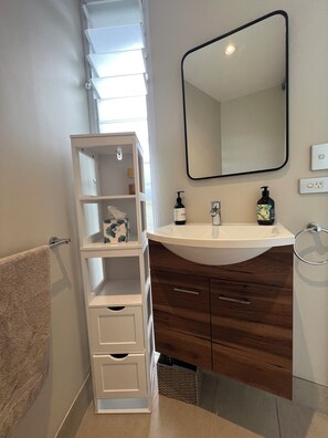 Shower, hair dryer, towels, soap
