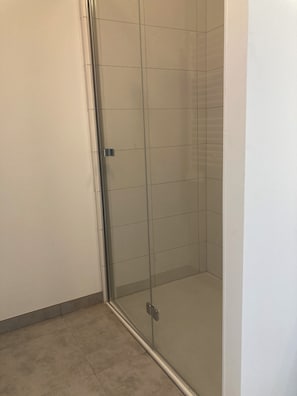 Shower, hair dryer, towels, toilet paper