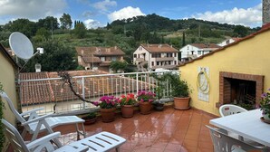 Eine Terrasse mit Blick auf Häuser, eine Satellitenschüssel und Topfpflanzen.