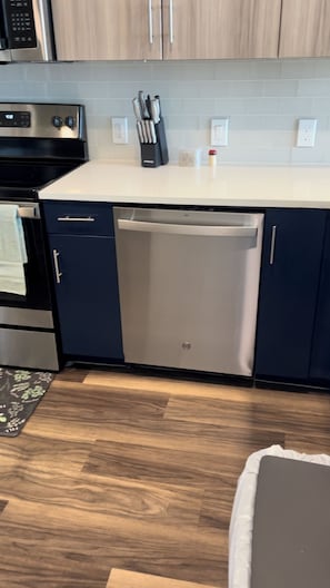 A kitchen with a dishwasher, oven, and cabinets.