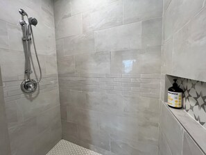 Shower, towels, soap, shampoo