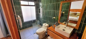 Shower, hair dryer, towels, soap