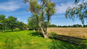 A grassy field with trees and a wooden fence. - Cozy home in Dabel with WiFi (Dabel)