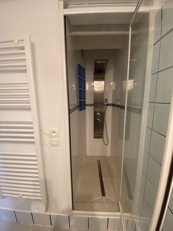 Shower, hair dryer, towels, toilet paper
