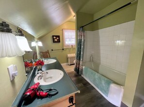 Secadora de cabello, toallas, jabón, papel de baño