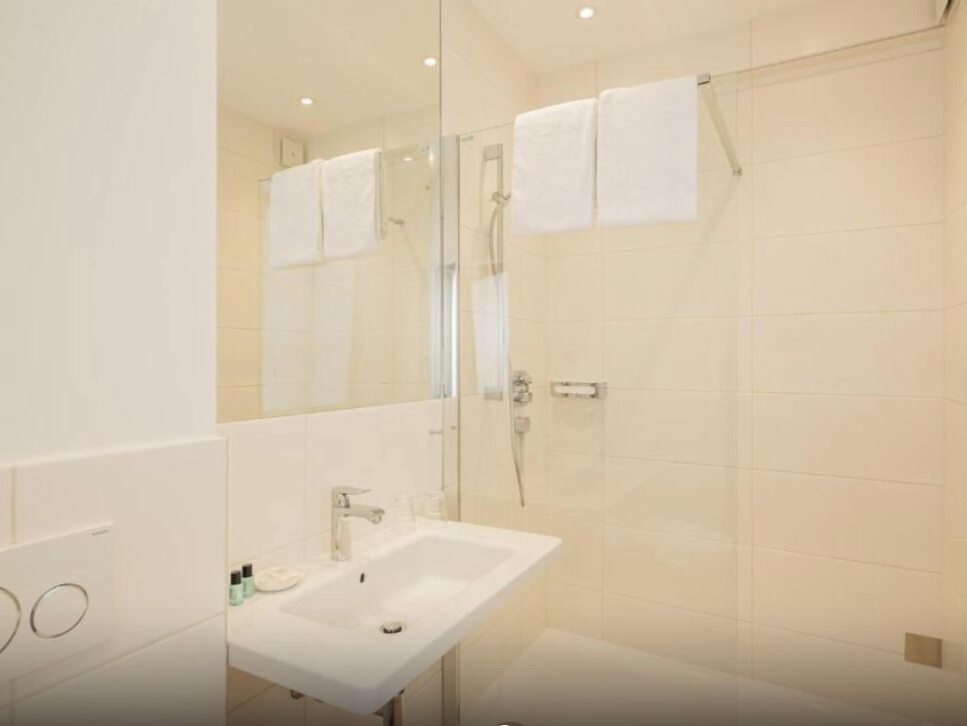 A modern bathroom with a glass shower enclosure, a white sink, and a large mirror.