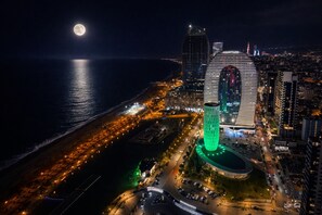 Une vue nocturne d’une ville, avec un bâtiment remarquable à l’architecture originale, caractérisée par des courbes, une plage bordée d’une route qui la longe, et une grande lune dans le ciel.