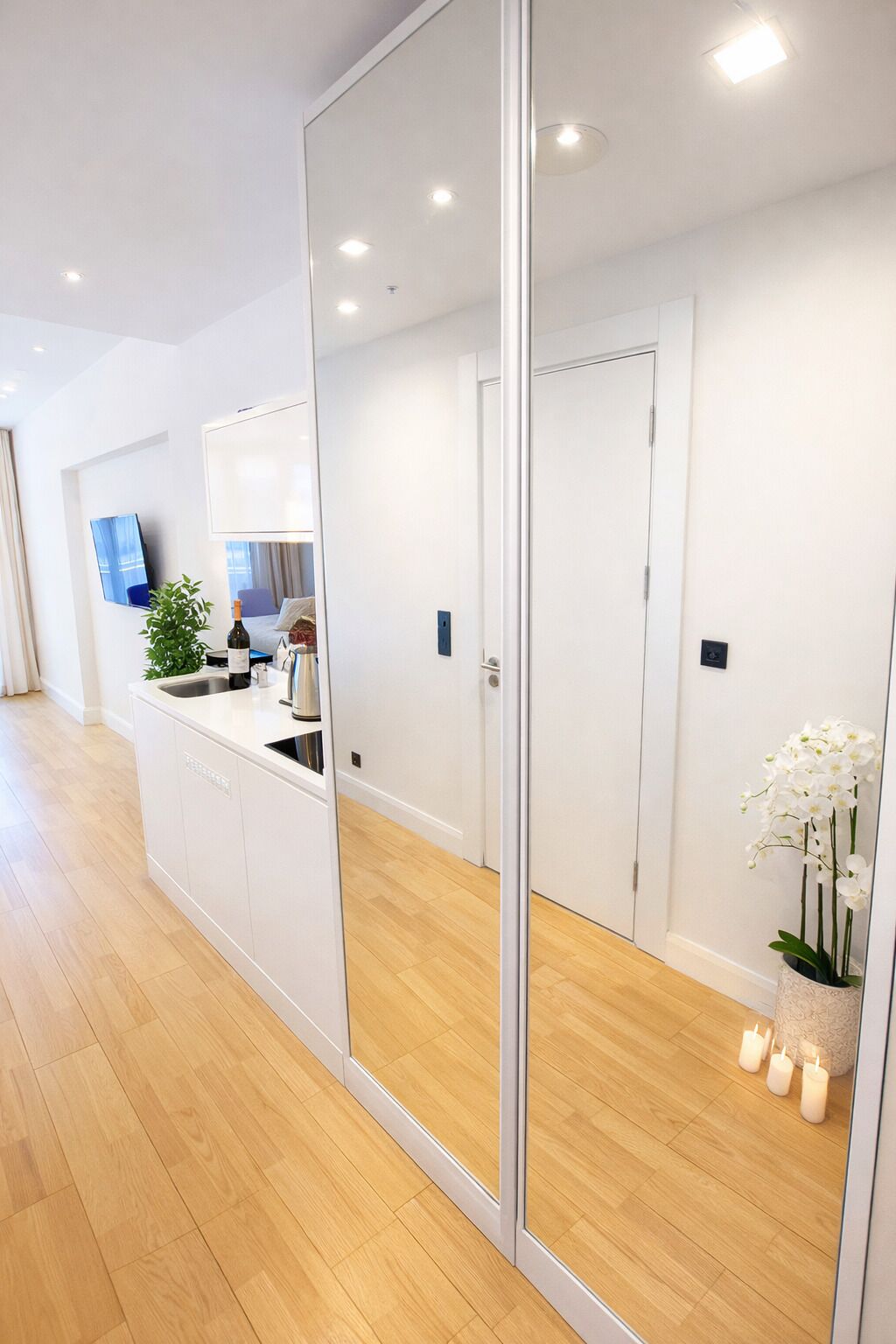 Une chambre d’hôtel moderne avec un grand miroir, un petit coin cuisine, une plante en pot et une porte.
