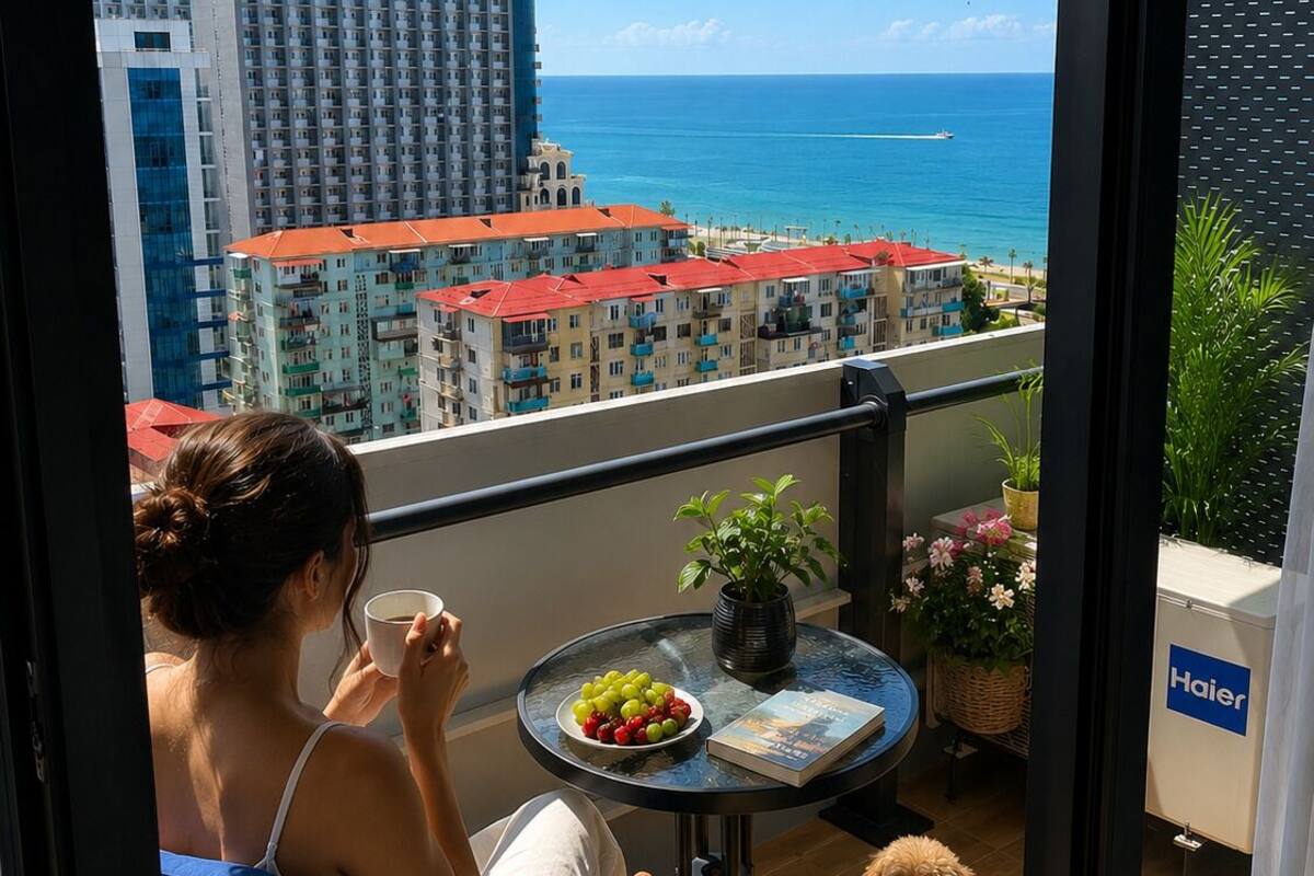 Un balcon avec vue sur l’océan et les bâtiments, une table avec un saladier de fruits, une plante en pot et un chien.