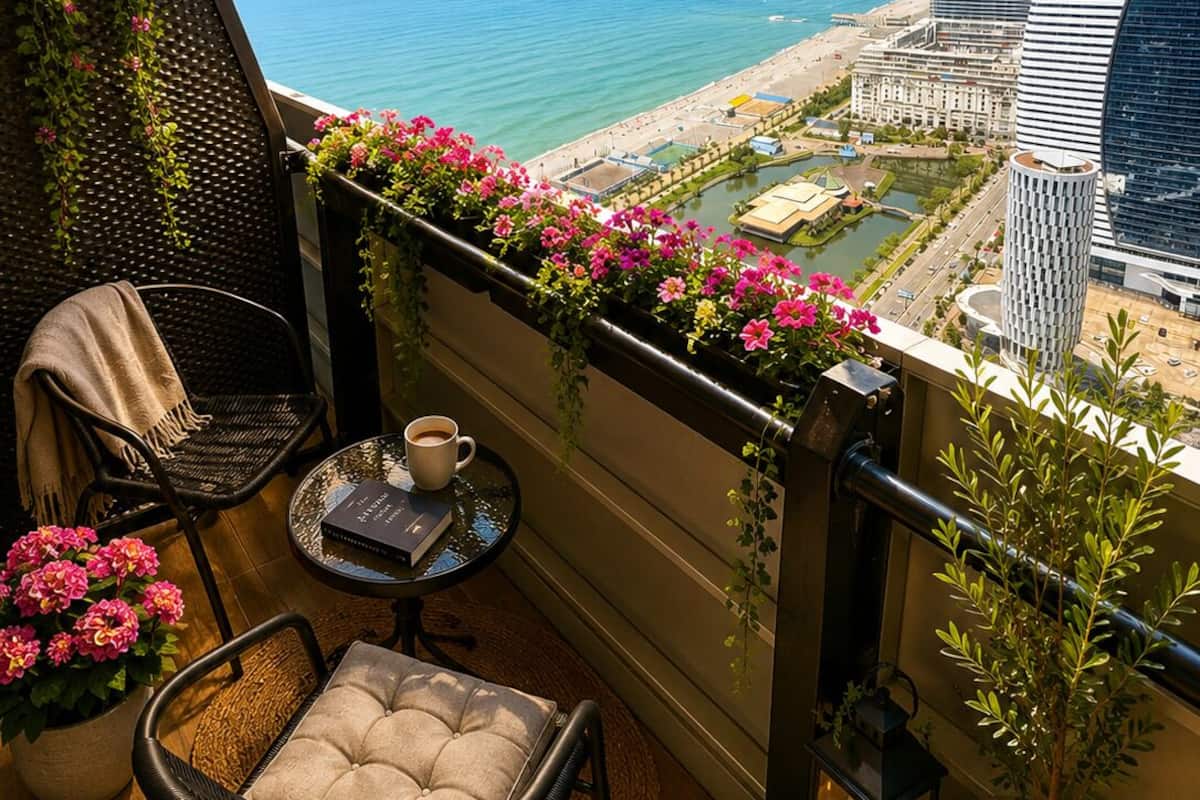 Un balcon avec vue sur la mer, une chaise, une table avec un livre et une tasse, et une jardinière remplie de fleurs roses.