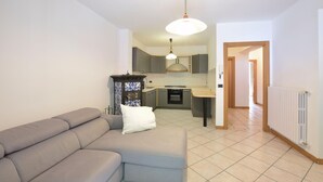 A modern living room with a grey sofa and a decorative cabinet. A kitchen is visible in the background with grey cabinets and a white countertop.