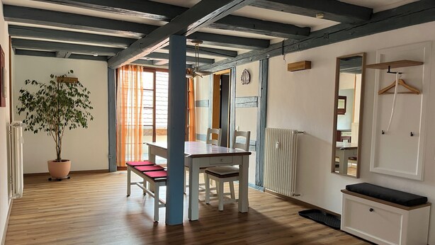 A room with wooden flooring, a dining table with chairs, a potted plant, a radiator, and a mirror on the wall. - old town residence (Weißenhorn)