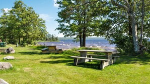 A picnic area with a table and benches, surrounded by trees and a view of a lake.
