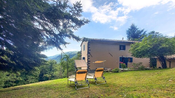 A rustic house with a sloped roof, a small porch, and a grassy lawn. - 3 bedroom pet friendly home in Barga (Barga)