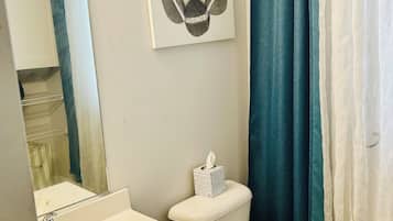Douche, serviettes fournies, savon, shampoing