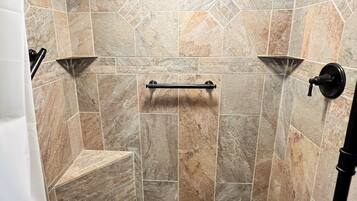 Hair dryer, towels, soap, shampoo