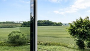 Un paysage rural avec un champ, des arbres et un ciel dégagé.