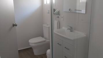 Un baño moderno con cabina de ducha de vidrio, un inodoro y un lavabo con espejo.