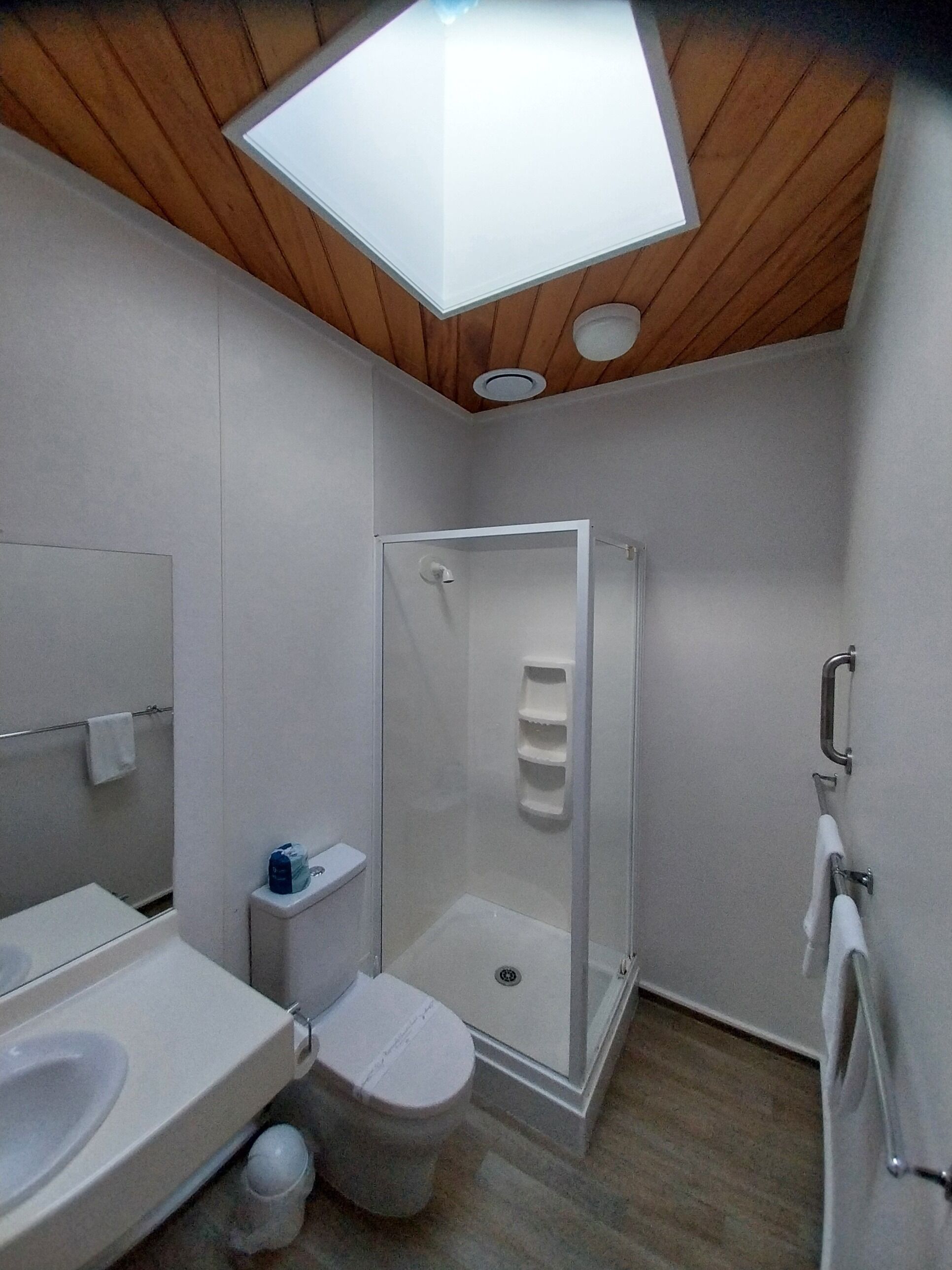 Un baño moderno con ducha, inodoro y lavamanos.