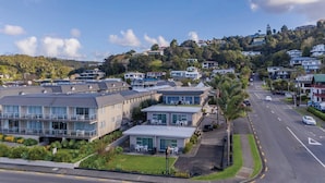 A residential area with modern houses, a road, and a hillside with more houses. - Bayview Motel (Paihia)
