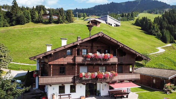 Een houten chalet met een balkon versierd met bloemen, gelegen in een groene vallei met een berg op de achtergrond.