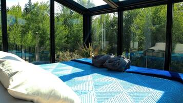 A bedroom with a large bed, a skylight, and a view of a forest.