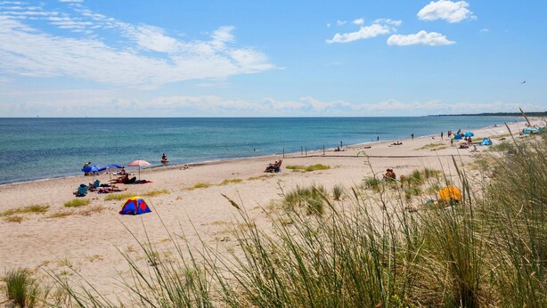 A beach with tents and umbrellas, a sandy shore, and the ocean. - Awesome home in Væggerløse with sauna (Væggerløse)