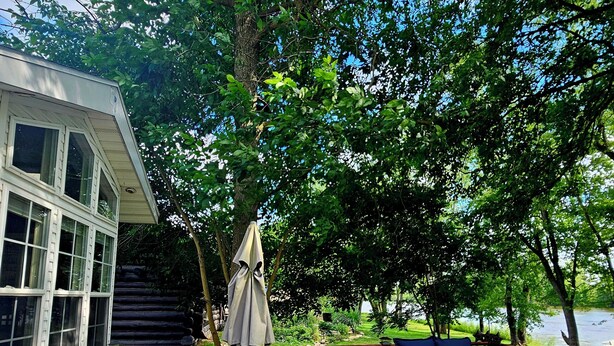 A wooden deck with a table and chairs, a covered umbrella, and a view of a lake.