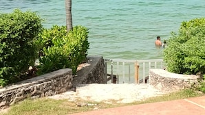 Une vue sur la côte, avec un palmier, un sentier et une personne qui nage dans l’eau.