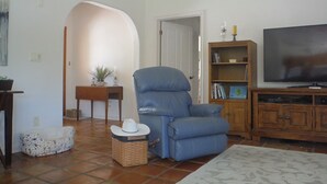 Una sala de estar con un sillón azul, un televisor, una estantería y una mesita con una planta.