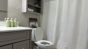 Hair dryer, towels, soap, shampoo