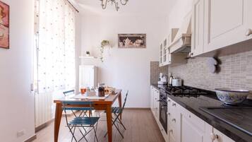 Fridge, microwave, dishwasher, cookware/dishes/utensils